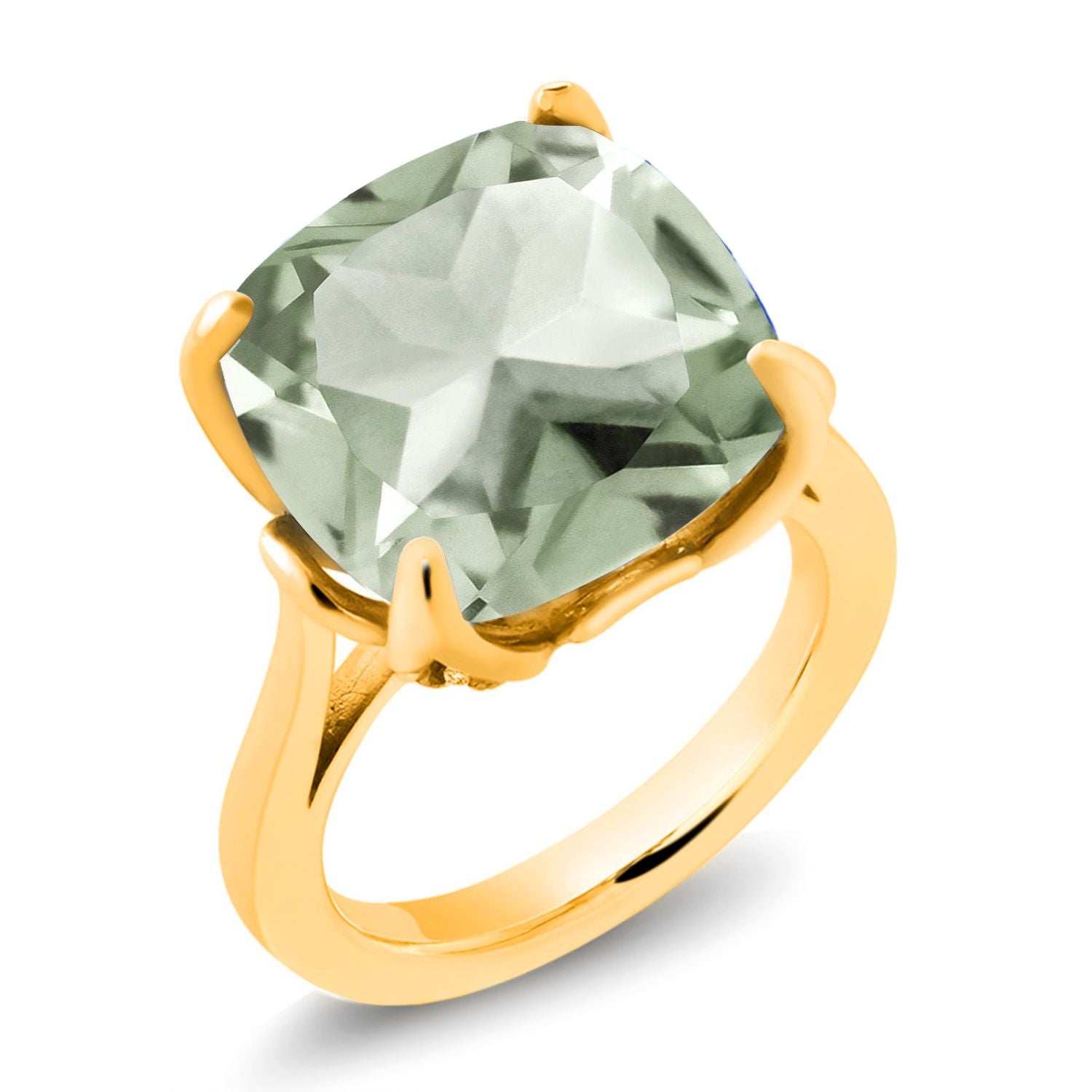 18K Yellow Gold Plated Silver Green Prasiolite and Pink Lab Grown Diamond Engagement Ring For Women (9.10 Cttw, 14MM Cushion, Available in Size 5,6,7,8,9)