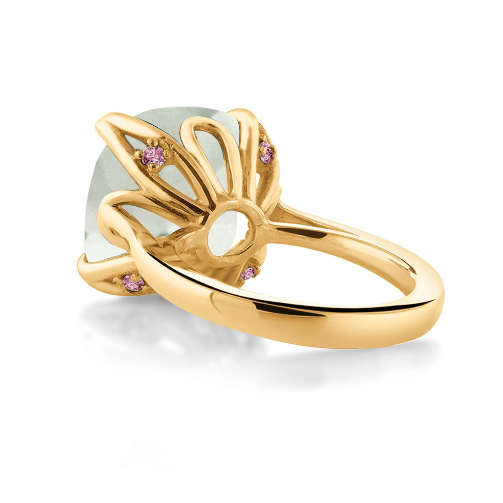 18K Yellow Gold Plated Silver Green Prasiolite and Pink Lab Grown Diamond Engagement Ring For Women (9.10 Cttw, 14MM Cushion, Available in Size 5,6,7,8,9)