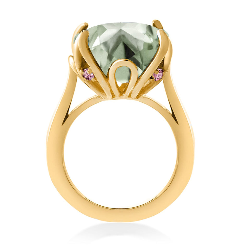 18K Yellow Gold Plated Silver Green Prasiolite and Pink Lab Grown Diamond Engagement Ring For Women (9.10 Cttw, 14MM Cushion, Available in Size 5,6,7,8,9)