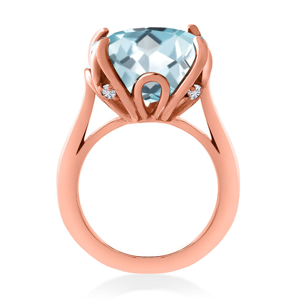 18K Rose Gold Plated Silver Sky Blue Simulated Aquamarine and White Moissanite Engagement Ring For Women (10.90 Cttw, 14MM Cushion, Available in Size 5,6,7,8,9)