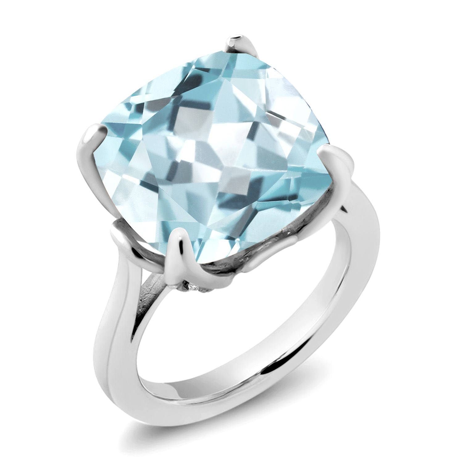 925 Sterling Silver Sky Blue Simulated Aquamarine and White Created Sapphire Engagement Ring For Women (10.92 Cttw, 14MM Cushion, Available in Size 5,6,7,8,9)