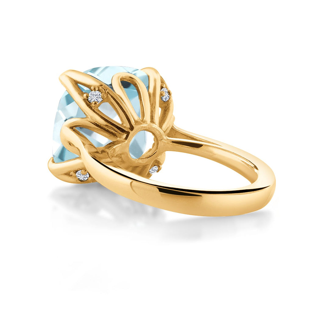 18K Yellow Gold Plated Silver Sky Blue Simulated Aquamarine and White Created Sapphire Engagement Ring For Women (10.92 Cttw, 14MM Cushion, Available in Size 5,6,7,8,9)