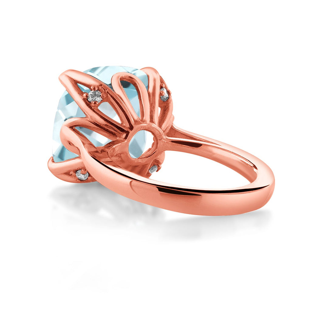 18K Rose Gold Plated Silver Sky Blue Simulated Aquamarine Engagement Ring For Women (10.98 Cttw, 14MM Cushion, Available in Size 5,6,7,8,9)