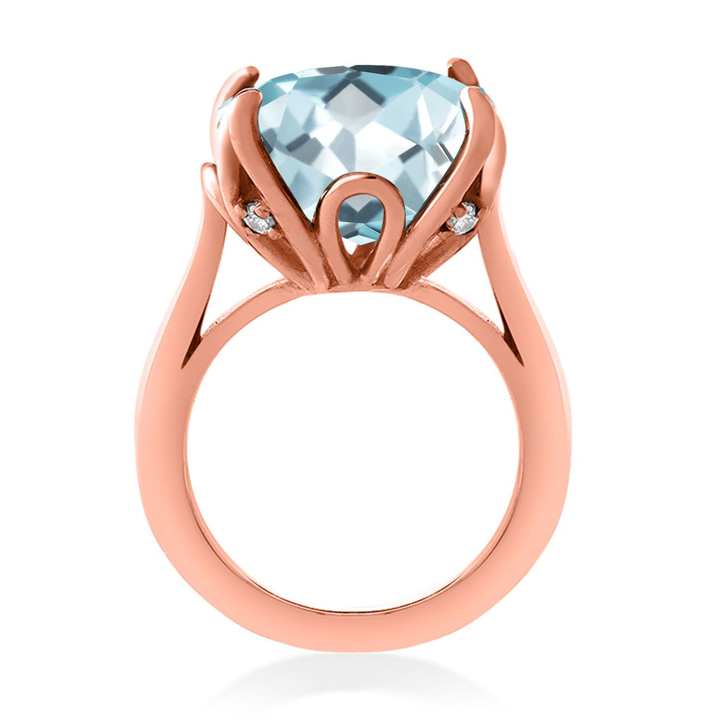 18K Rose Gold Plated Silver Sky Blue Simulated Aquamarine Engagement Ring For Women (10.98 Cttw, 14MM Cushion, Available in Size 5,6,7,8,9)