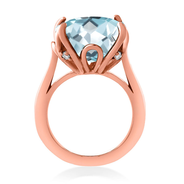 18K Rose Gold Plated Silver Sky Blue Simulated Aquamarine Engagement Ring For Women (10.98 Cttw, 14MM Cushion, Available in Size 5,6,7,8,9)