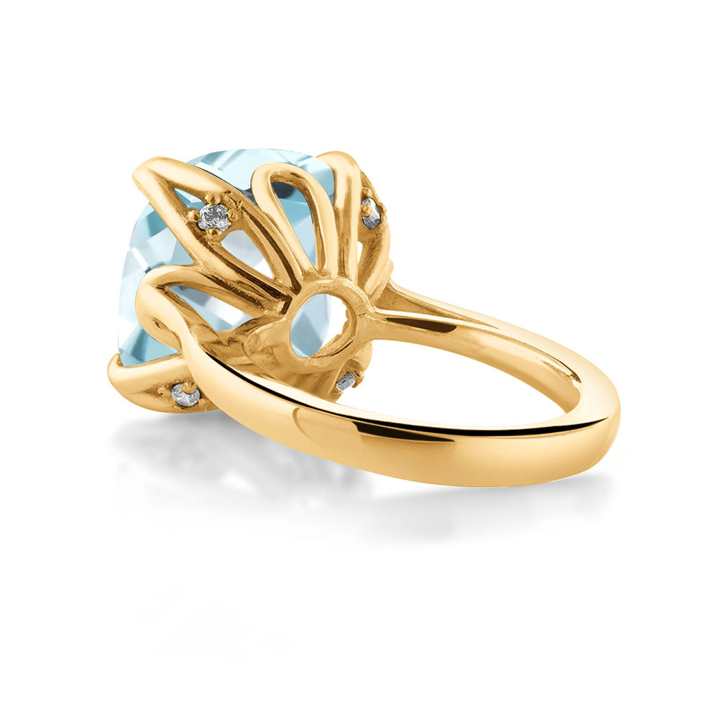 18K Yellow Gold Plated Silver Sky Blue Simulated Aquamarine Engagement Ring For Women (10.98 Cttw, 14MM Cushion, Available in Size 5,6,7,8,9)