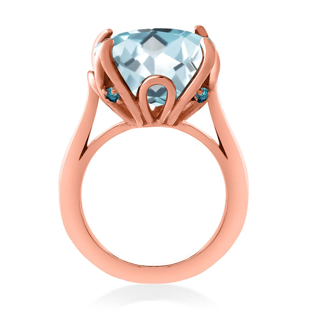 18K Rose Gold Plated Silver Sky Blue Simulated Aquamarine and Blue Diamond Engagement Ring For Women (10.92 Cttw, 14MM Cushion, Available in Size 5,6,7,8,9)