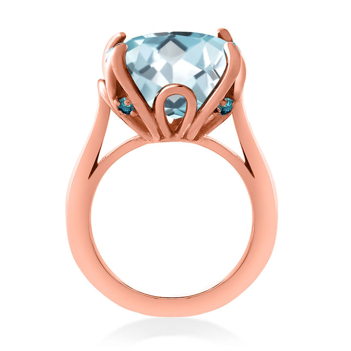 18K Rose Gold Plated Silver Sky Blue Simulated Aquamarine and Blue Diamond Engagement Ring For Women (10.92 Cttw, 14MM Cushion, Available in Size 5,6,7,8,9)