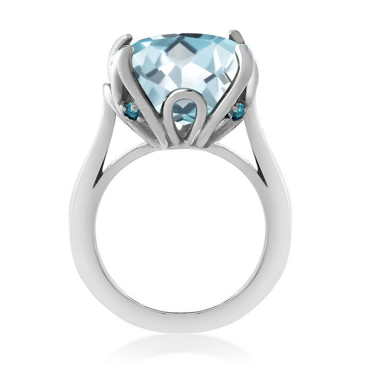 925 Sterling Silver Sky Blue Simulated Aquamarine and Blue Diamond Engagement Ring For Women (10.92 Cttw, 14MM Cushion, Available in Size 5,6,7,8,9)