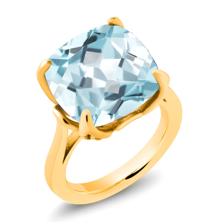 18K Yellow Gold Plated Silver Sky Blue Simulated Aquamarine and Blue Diamond Engagement Ring For Women (10.92 Cttw, 14MM Cushion, Available in Size 5,6,7,8,9)
