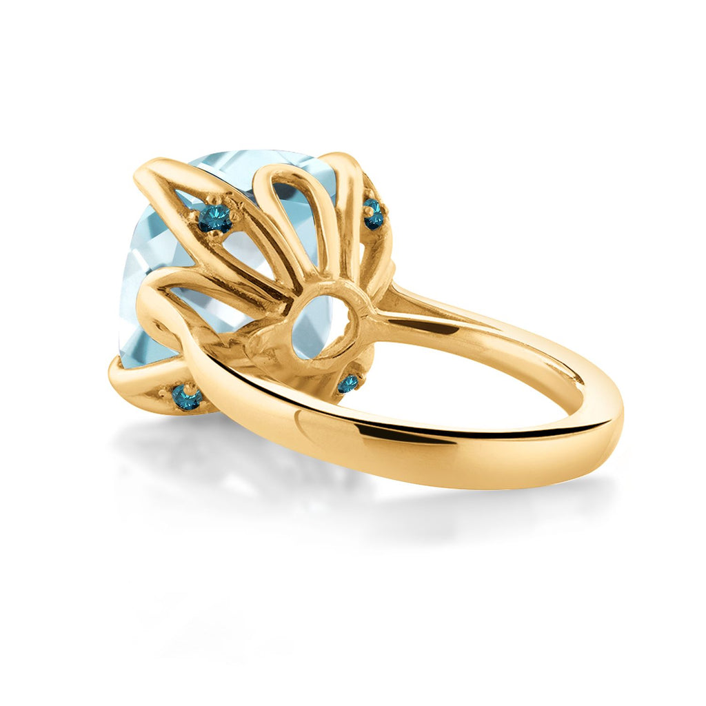 18K Yellow Gold Plated Silver Sky Blue Simulated Aquamarine and Blue Diamond Engagement Ring For Women (10.92 Cttw, 14MM Cushion, Available in Size 5,6,7,8,9)