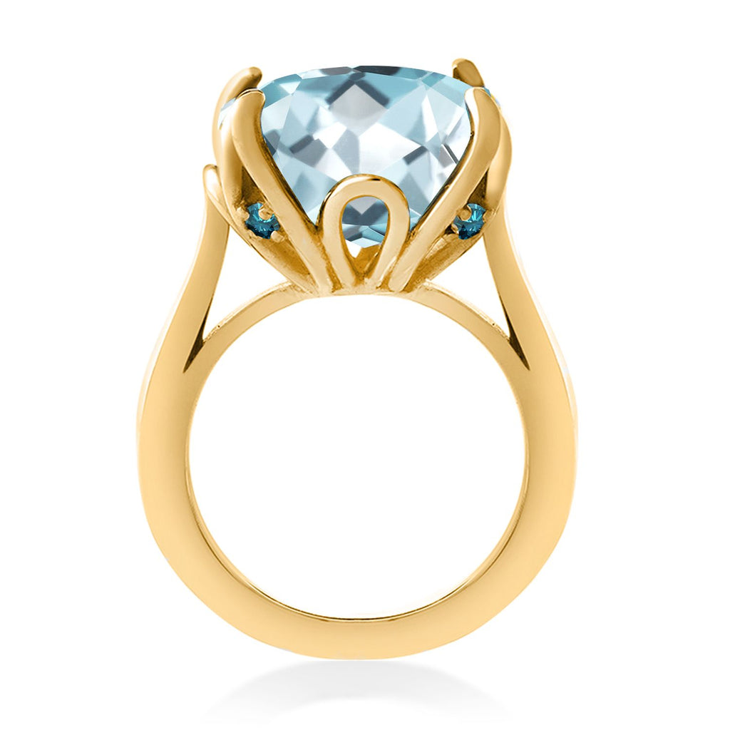 18K Yellow Gold Plated Silver Sky Blue Simulated Aquamarine and Blue Diamond Engagement Ring For Women (10.92 Cttw, 14MM Cushion, Available in Size 5,6,7,8,9)