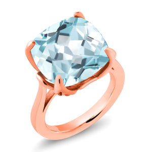 18K Rose Gold Plated Silver Sky Blue Simulated Aquamarine and Black Diamond Engagement Ring For Women (10.92 Cttw, 14MM Cushion, Available in Size 5,6,7,8,9)