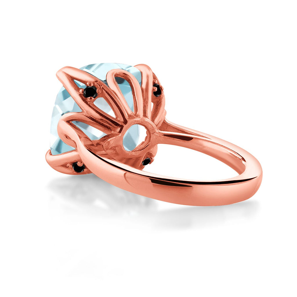 18K Rose Gold Plated Silver Sky Blue Simulated Aquamarine and Black Diamond Engagement Ring For Women (10.92 Cttw, 14MM Cushion, Available in Size 5,6,7,8,9)