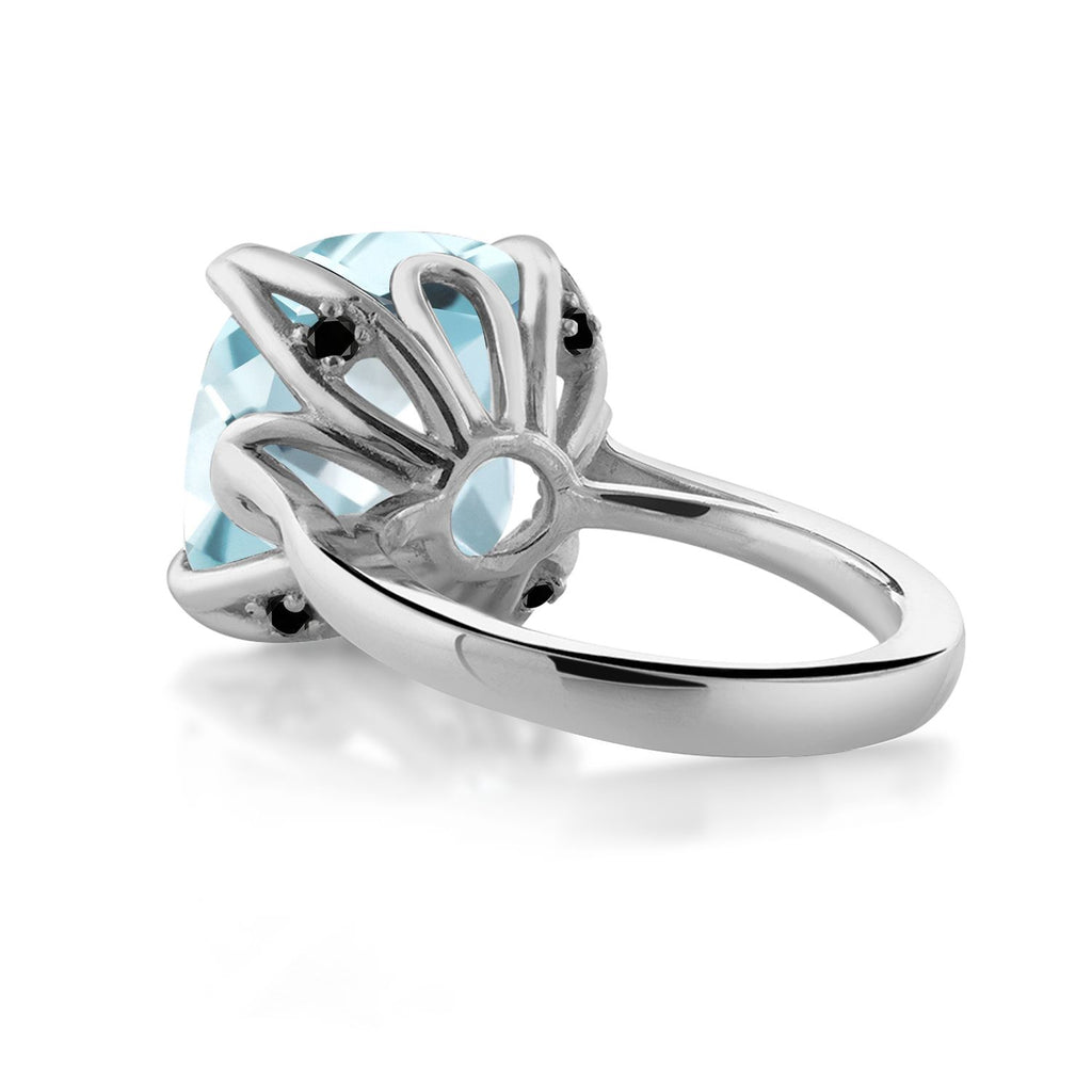 925 Sterling Silver Sky Blue Simulated Aquamarine and Black Diamond Engagement Ring For Women (10.92 Cttw, 14MM Cushion, Available in Size 5,6,7,8,9)