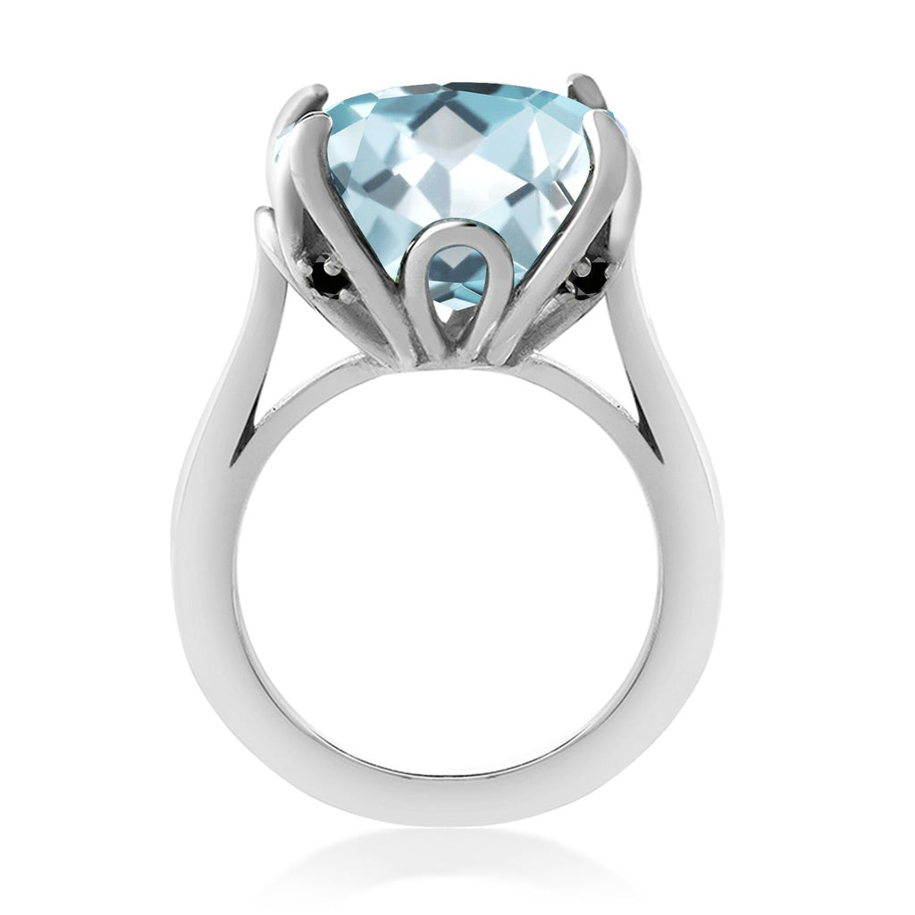 925 Sterling Silver Sky Blue Simulated Aquamarine and Black Diamond Engagement Ring For Women (10.92 Cttw, 14MM Cushion, Available in Size 5,6,7,8,9)