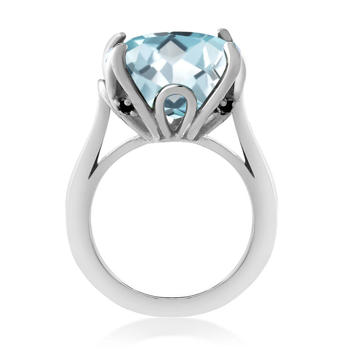 925 Sterling Silver Sky Blue Simulated Aquamarine and Black Diamond Engagement Ring For Women (10.92 Cttw, 14MM Cushion, Available in Size 5,6,7,8,9)