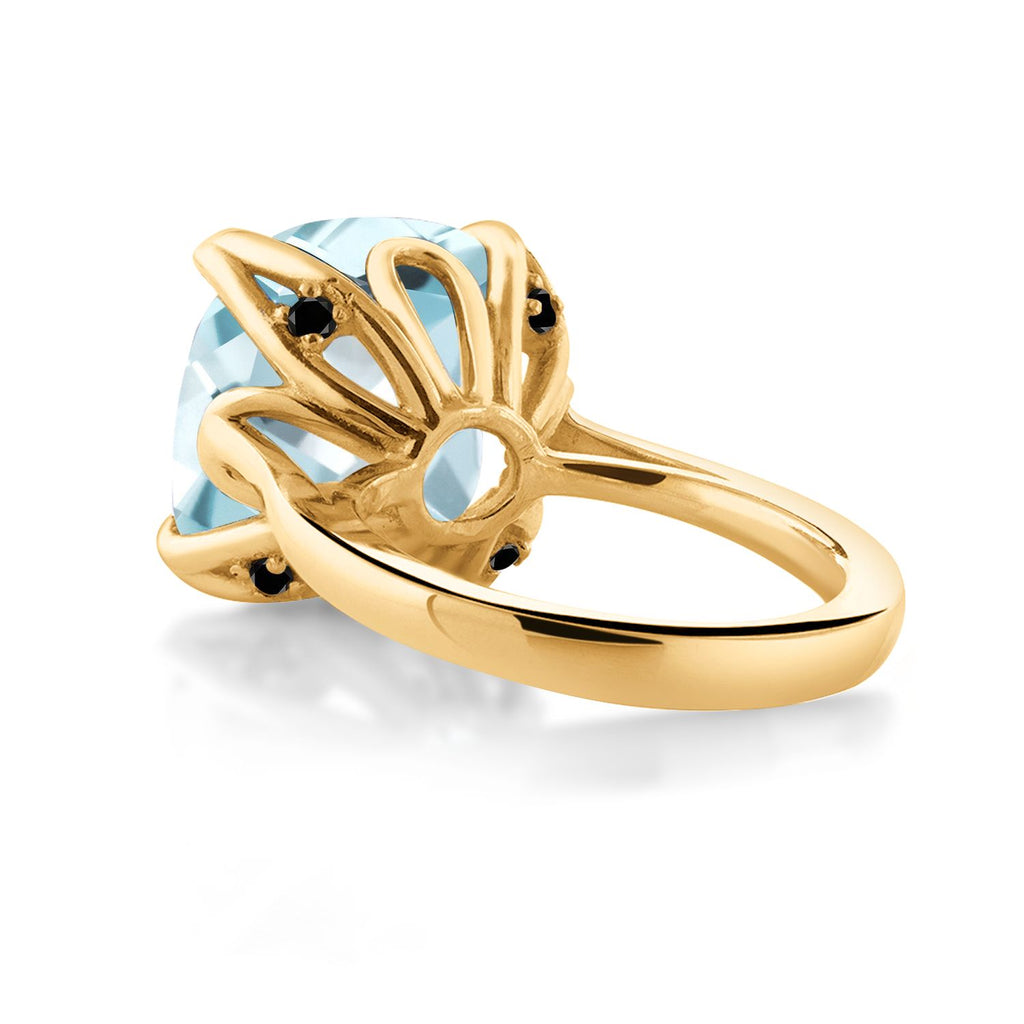 18K Yellow Gold Plated Silver Sky Blue Simulated Aquamarine and Black Diamond Engagement Ring For Women (10.92 Cttw, 14MM Cushion, Available in Size 5,6,7,8,9)