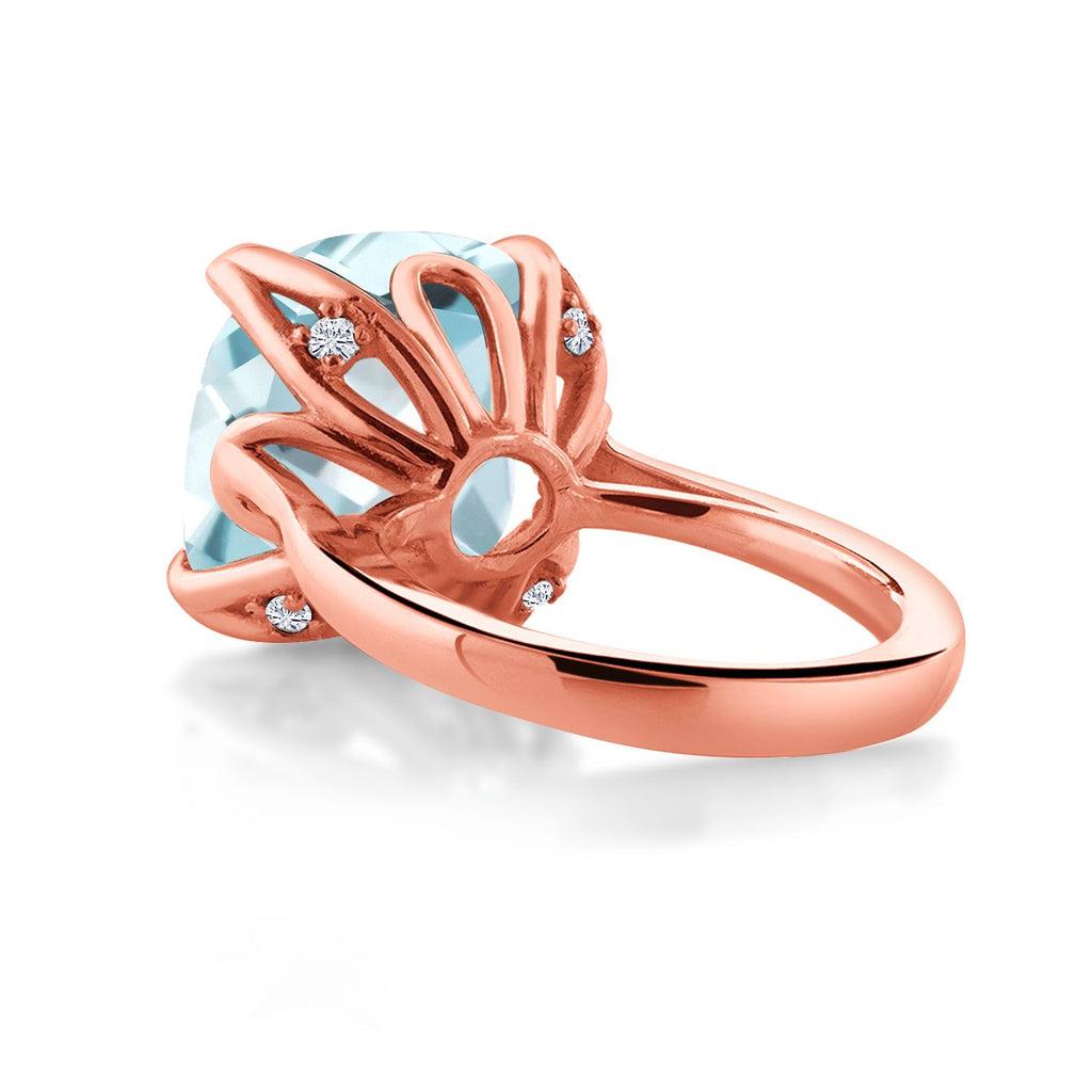 18K Rose Gold Plated Silver Sky Blue Simulated Aquamarine and White Diamond Engagement Ring For Women (10.92 Cttw, 14MM Cushion, Available in Size 5,6,7,8,9)