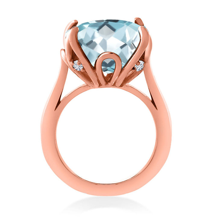 18K Rose Gold Plated Silver Sky Blue Simulated Aquamarine and White Diamond Engagement Ring For Women (10.92 Cttw, 14MM Cushion, Available in Size 5,6,7,8,9)