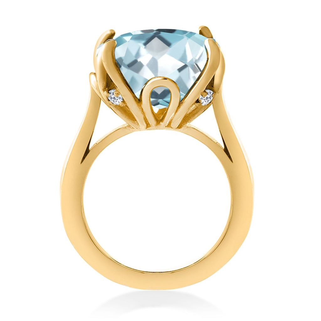 18K Yellow Gold Plated Silver Sky Blue Simulated Aquamarine and White Topaz Engagement Ring For Women (10.90 Cttw, 14MM Cushion, Available in Size 5,6,7,8,9)