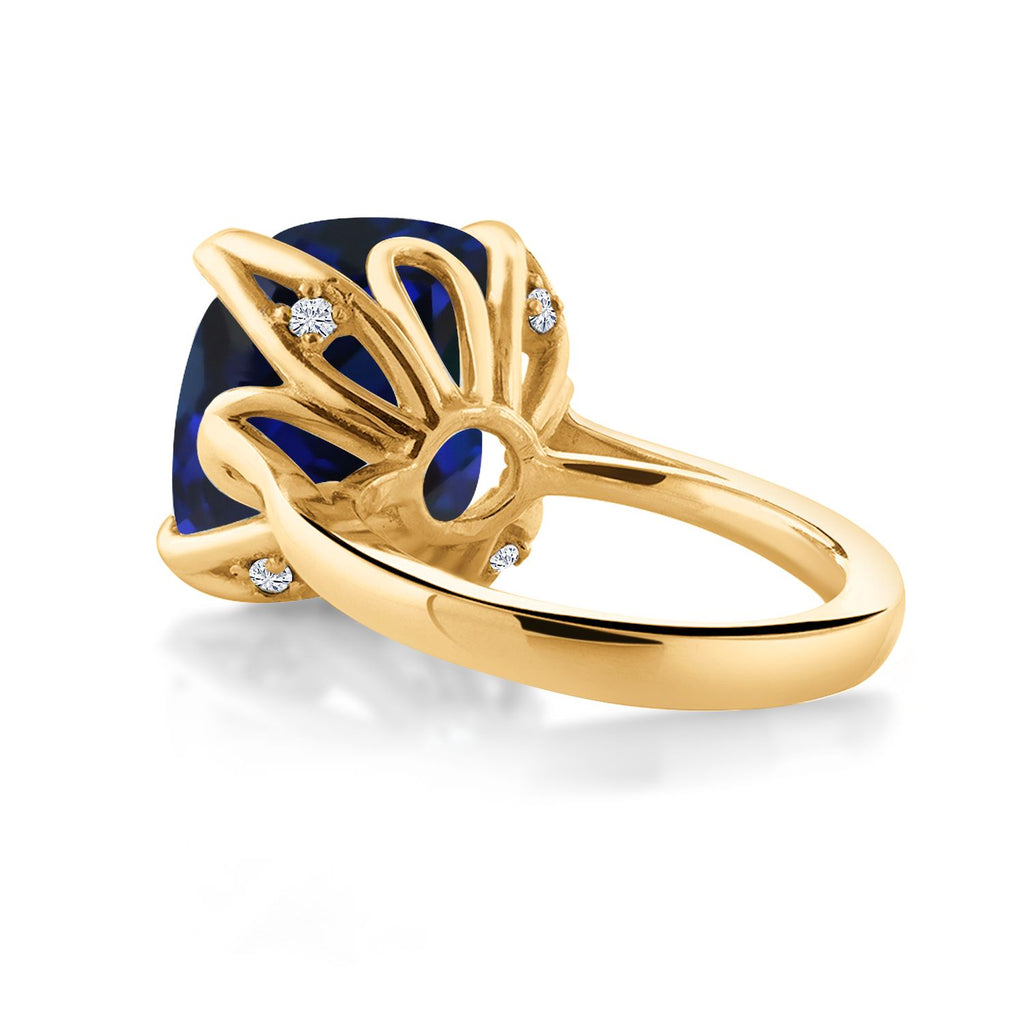 18K Yellow Gold Plated Silver Blue Created Sapphire and White Moissanite Engagement Ring For Women (14.10 Cttw, 14MM Cushion, Available in Size 5,6,7,8,9)