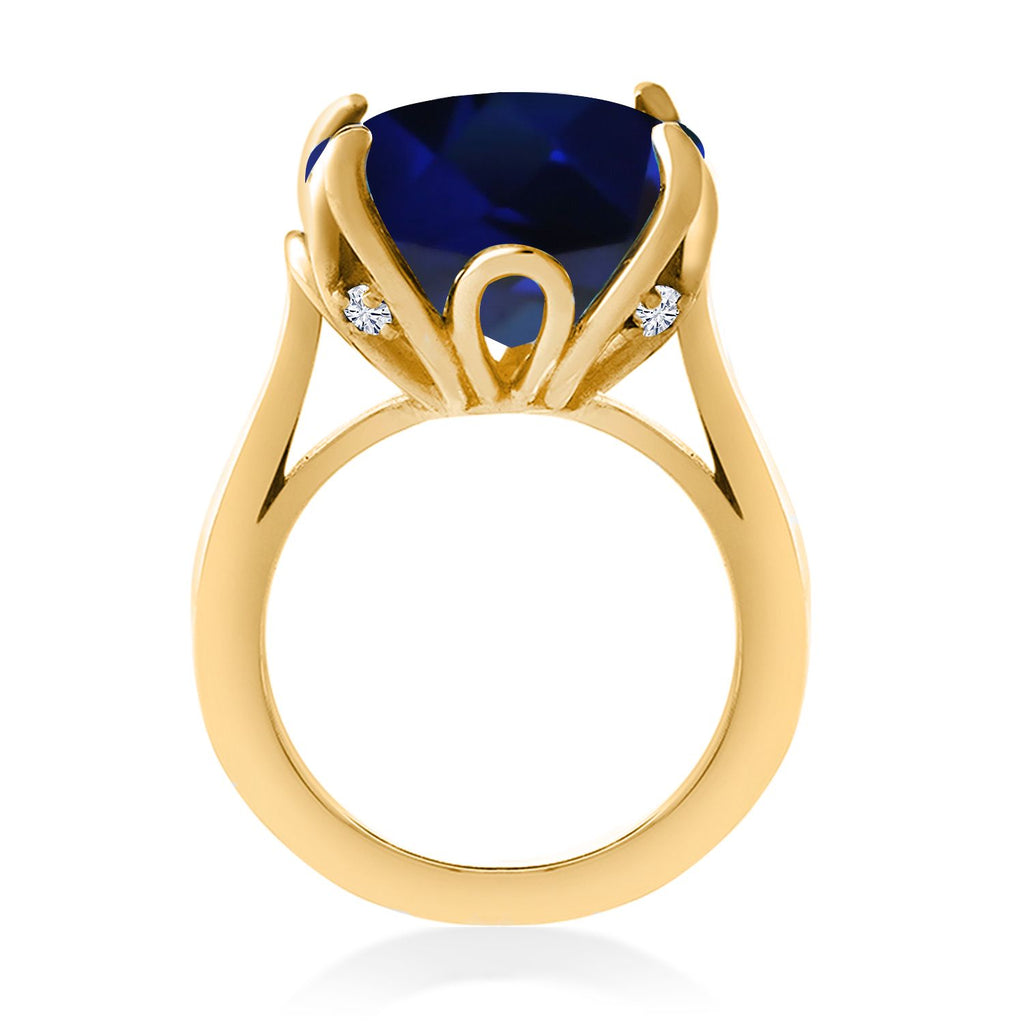 18K Yellow Gold Plated Silver Blue Created Sapphire and White Moissanite Engagement Ring For Women (14.10 Cttw, 14MM Cushion, Available in Size 5,6,7,8,9)