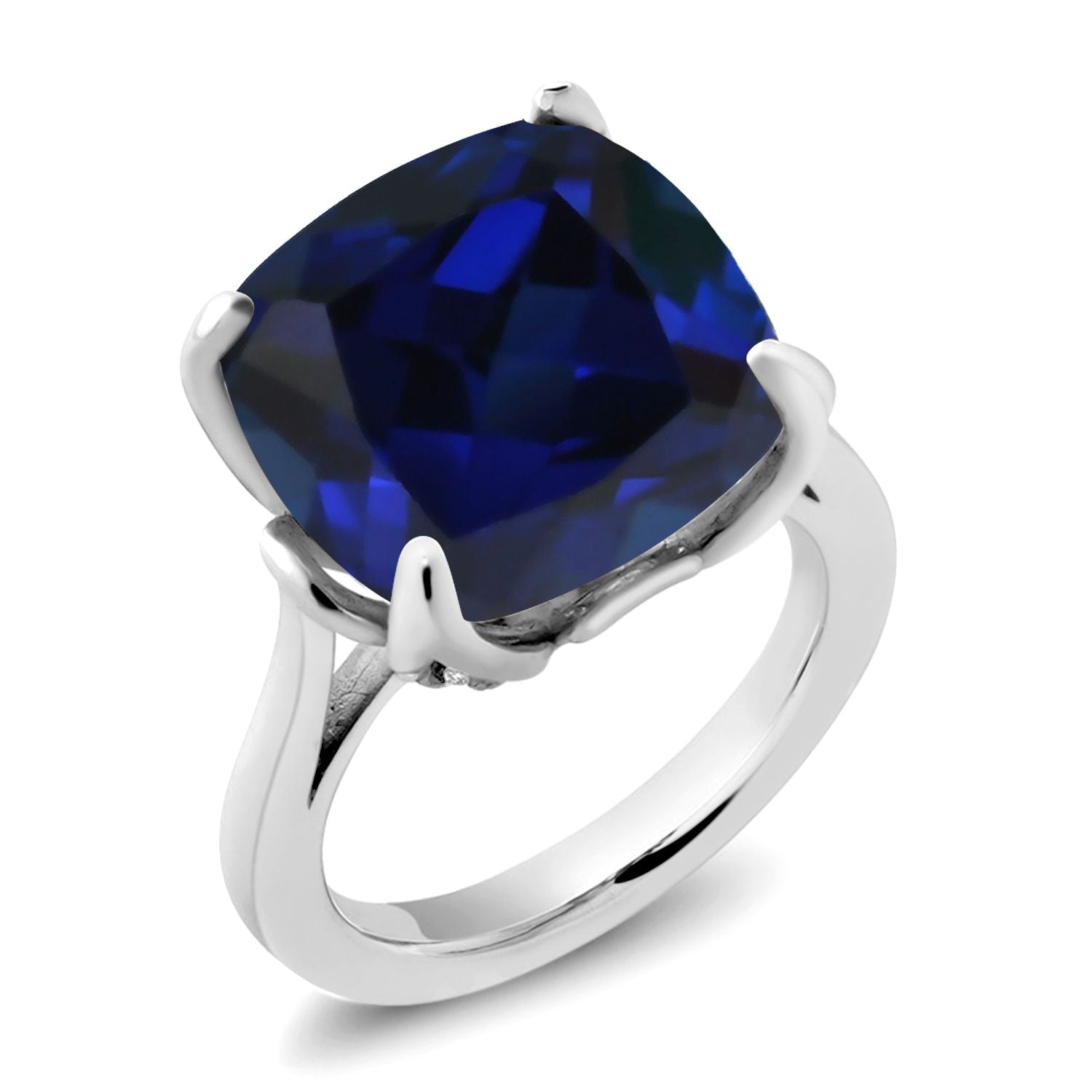 925 Sterling Silver Blue Created Sapphire and White Created Sapphire Engagement Ring For Women (14.12 Cttw, 14MM Cushion, Available in Size 5,6,7,8,9)