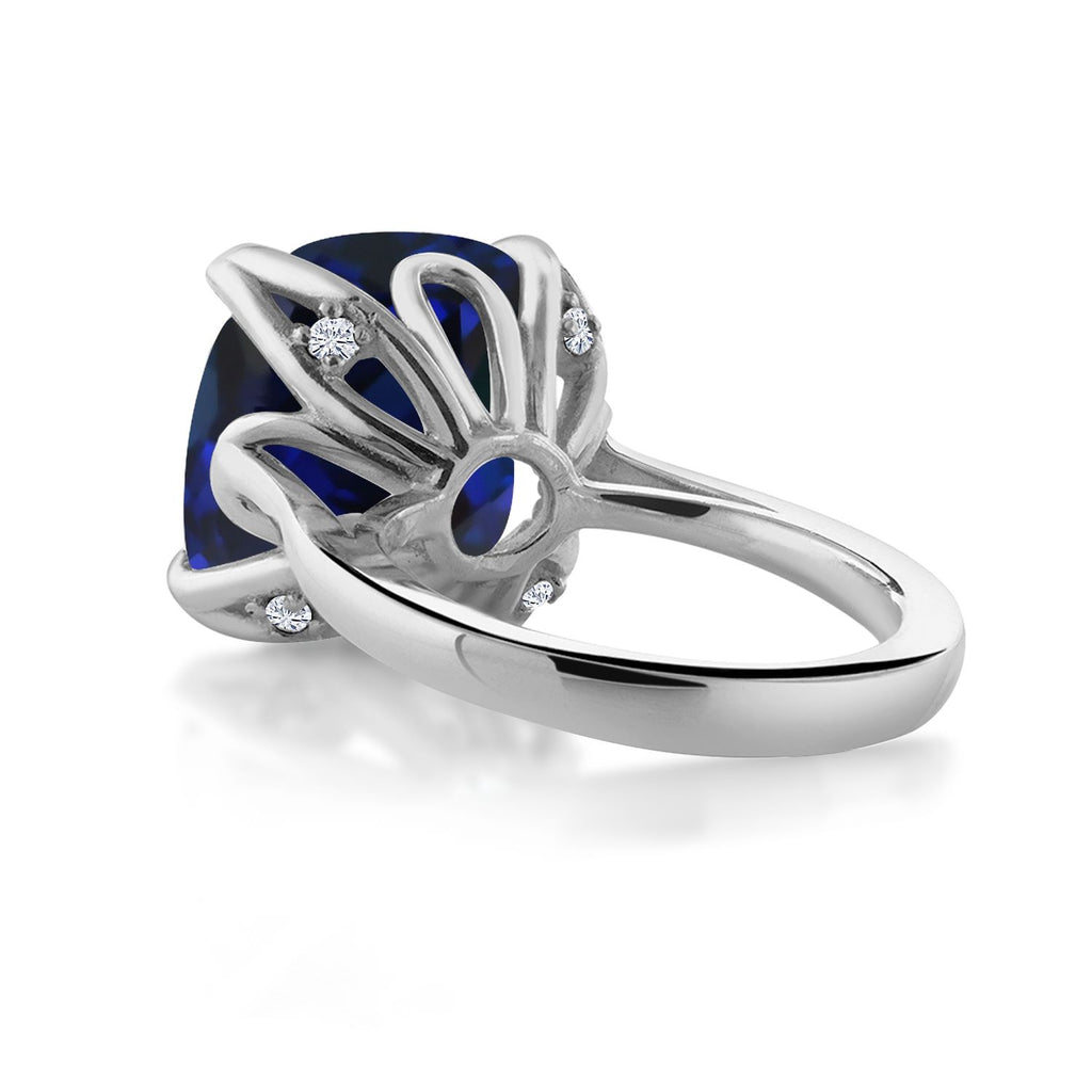 925 Sterling Silver Blue Created Sapphire and White Created Sapphire Engagement Ring For Women (14.12 Cttw, 14MM Cushion, Available in Size 5,6,7,8,9)