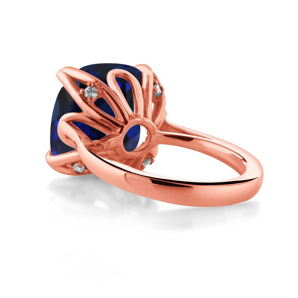 18K Rose Gold Plated Silver Blue Created Sapphire Engagement Ring For Women (14.18 Cttw, 14MM Cushion, Available in Size 5,6,7,8,9)