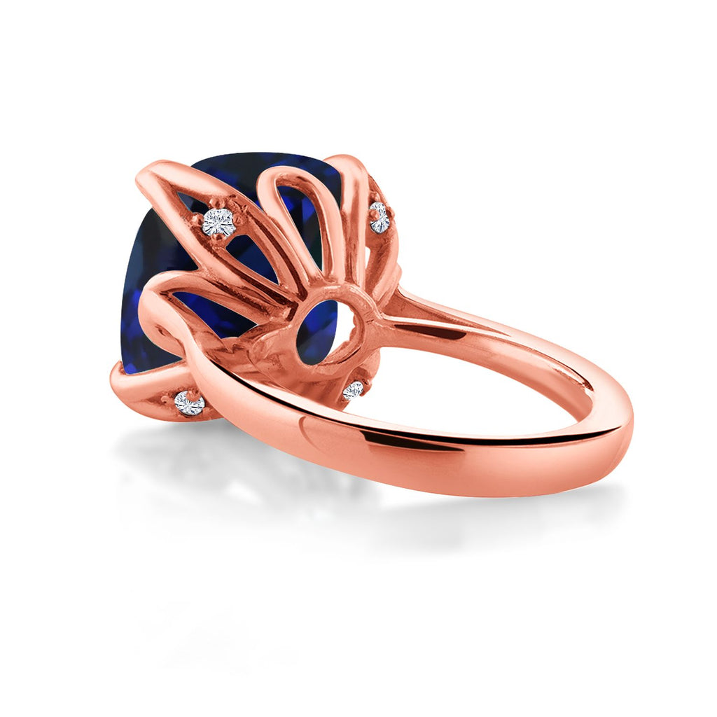 18K Rose Gold Plated Silver Blue Created Sapphire and White Diamond Engagement Ring For Women (14.12 Cttw, 14MM Cushion, Available in Size 5,6,7,8,9)