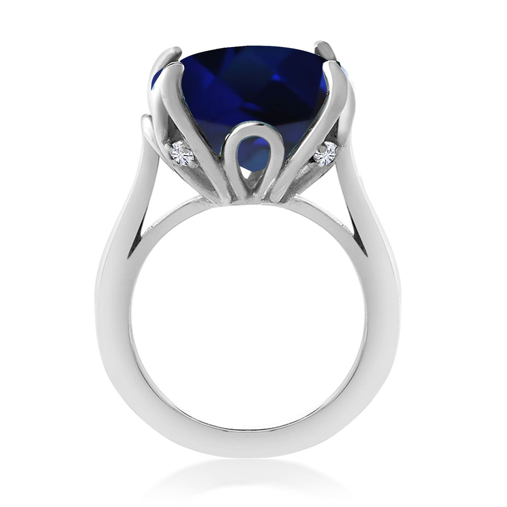925 Sterling Silver Blue Created Sapphire and White Diamond Engagement Ring For Women (14.12 Cttw, 14MM Cushion, Available in Size 5,6,7,8,9)