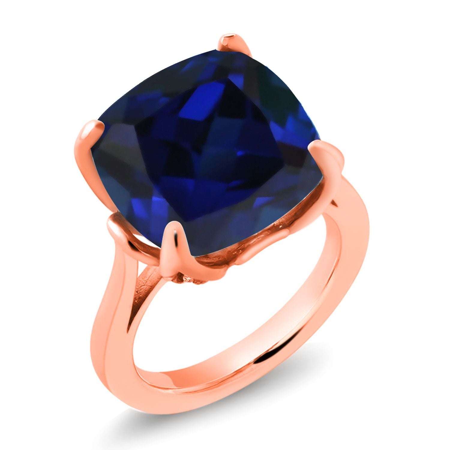 18K Rose Gold Plated Silver Blue Created Sapphire and Pink Lab Grown Diamond Engagement Ring For Women (14.10 Cttw, 14MM Cushion, Available in Size 5,6,7,8,9)
