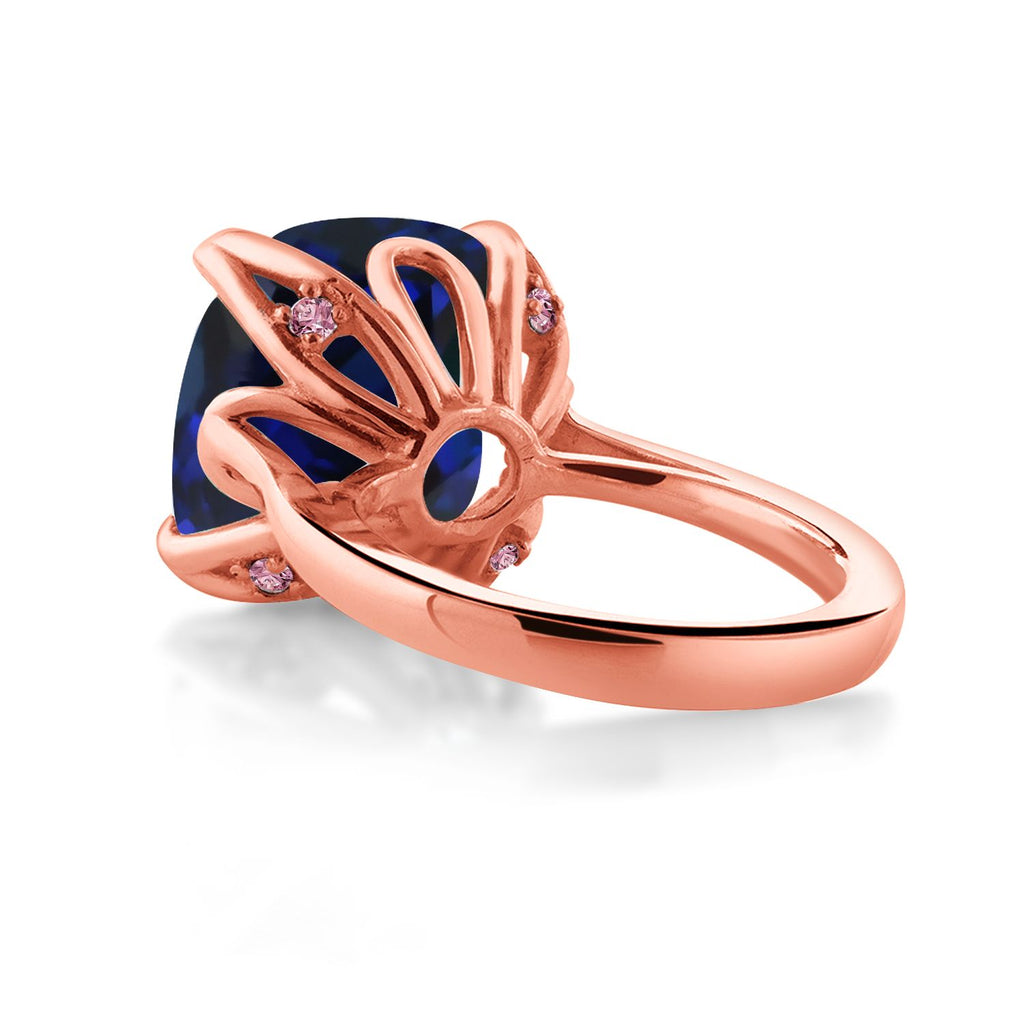 18K Rose Gold Plated Silver Blue Created Sapphire and Pink Lab Grown Diamond Engagement Ring For Women (14.10 Cttw, 14MM Cushion, Available in Size 5,6,7,8,9)