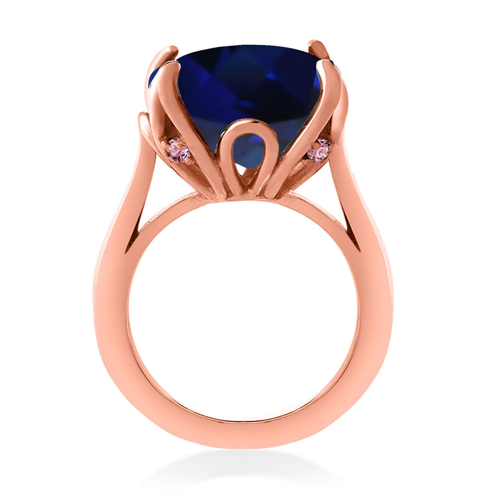 18K Rose Gold Plated Silver Blue Created Sapphire and Pink Lab Grown Diamond Engagement Ring For Women (14.10 Cttw, 14MM Cushion, Available in Size 5,6,7,8,9)