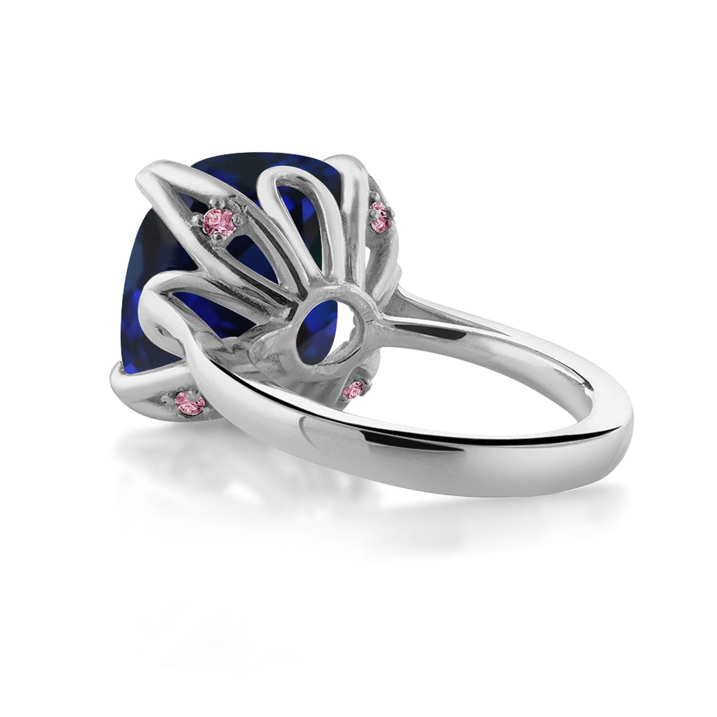 925 Sterling Silver Blue Created Sapphire and Pink Lab Grown Diamond Engagement Ring For Women (14.10 Cttw, 14MM Cushion, Available in Size 5,6,7,8,9)