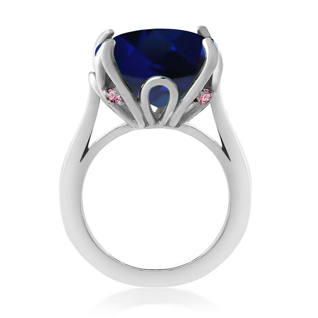 925 Sterling Silver Blue Created Sapphire and Pink Lab Grown Diamond Engagement Ring For Women (14.10 Cttw, 14MM Cushion, Available in Size 5,6,7,8,9)