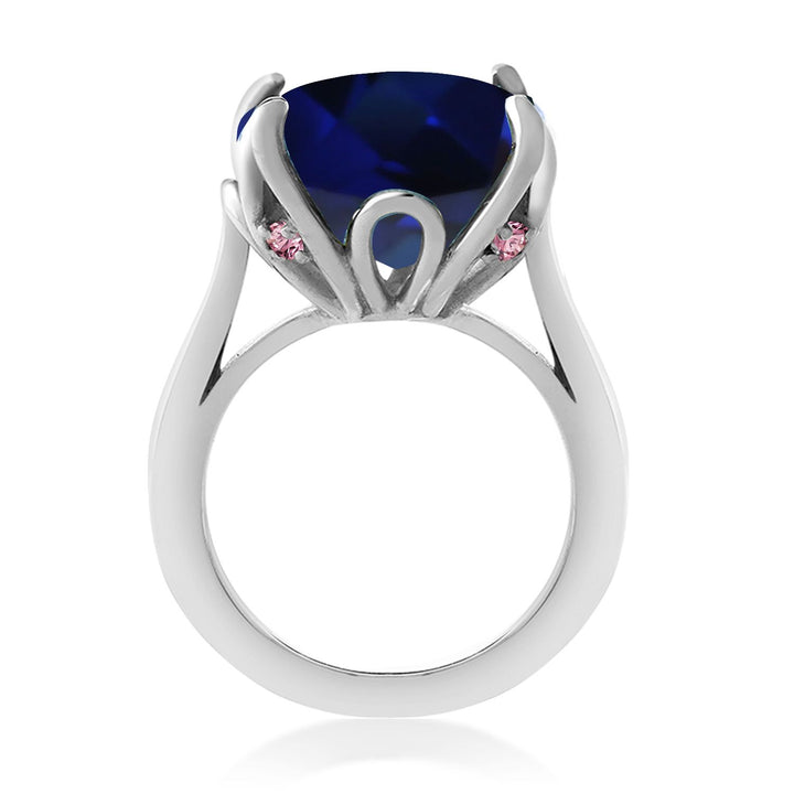 925 Sterling Silver Blue Created Sapphire and Pink Lab Grown Diamond Engagement Ring For Women (14.10 Cttw, 14MM Cushion, Available in Size 5,6,7,8,9)