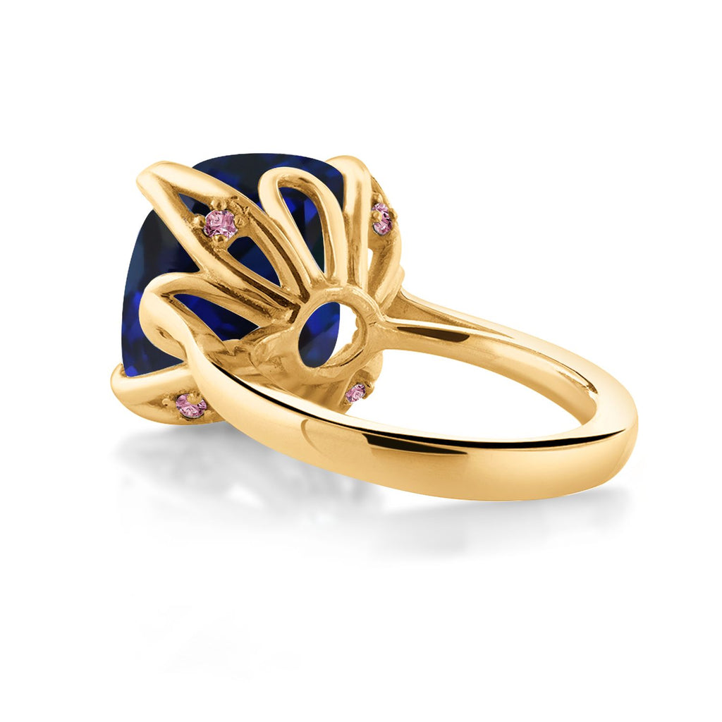 18K Yellow Gold Plated Silver Blue Created Sapphire and Pink Lab Grown Diamond Engagement Ring For Women (14.10 Cttw, 14MM Cushion, Available in Size 5,6,7,8,9)