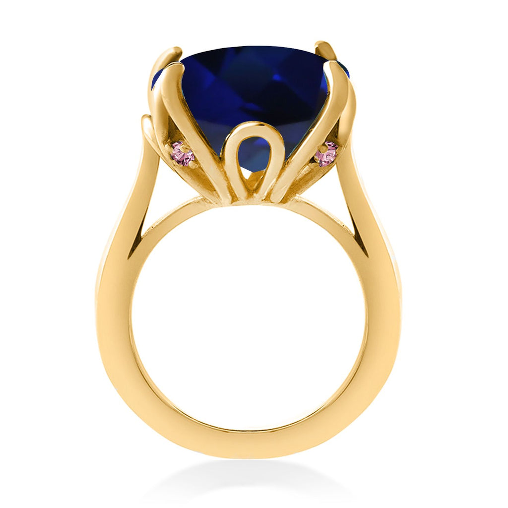 18K Yellow Gold Plated Silver Blue Created Sapphire and Pink Lab Grown Diamond Engagement Ring For Women (14.10 Cttw, 14MM Cushion, Available in Size 5,6,7,8,9)