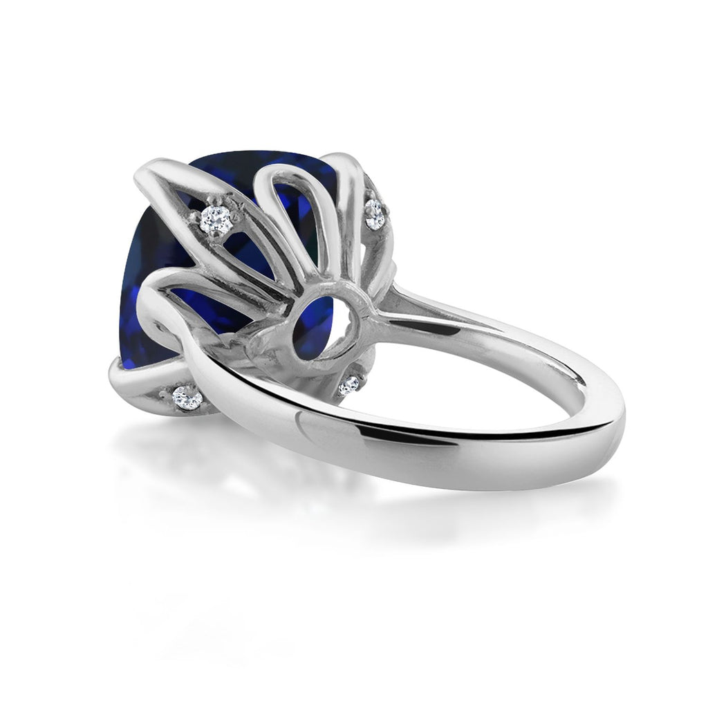 925 Sterling Silver Blue Created Sapphire and White Topaz Engagement Ring For Women (14.10 Cttw, 14MM Cushion, Available in Size 5,6,7,8,9)