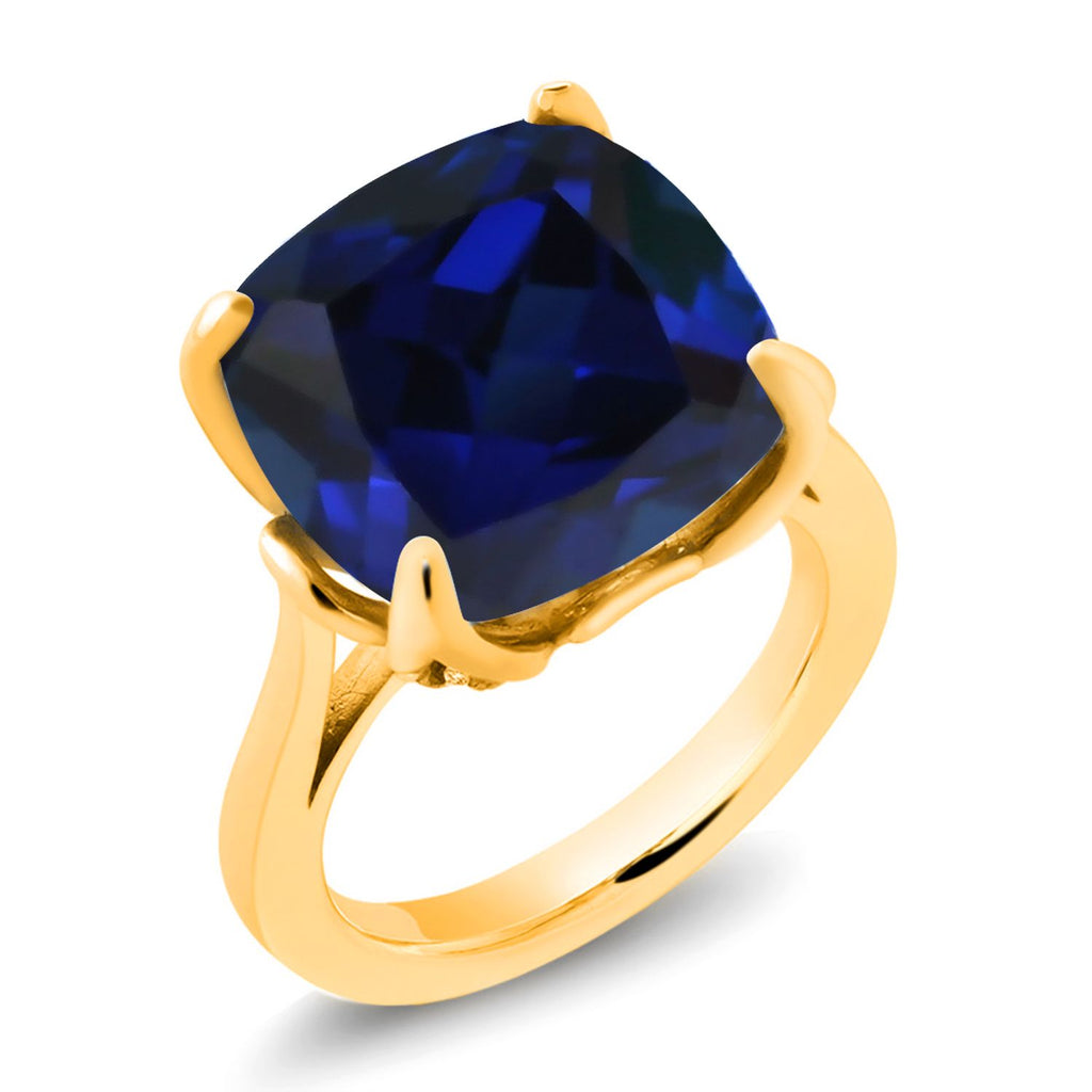 18K Yellow Gold Plated Silver Blue Created Sapphire and White Topaz Engagement Ring For Women (14.10 Cttw, 14MM Cushion, Available in Size 5,6,7,8,9)