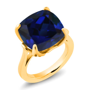 18K Yellow Gold Plated Silver Blue Created Sapphire and White Topaz Engagement Ring For Women (14.10 Cttw, 14MM Cushion, Available in Size 5,6,7,8,9)