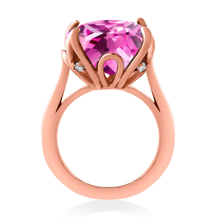 18K Rose Gold Plated Silver Pink Created Sapphire Engagement Ring For Women (14.68 Cttw, 14MM Cushion, Available in Size 5,6,7,8,9)