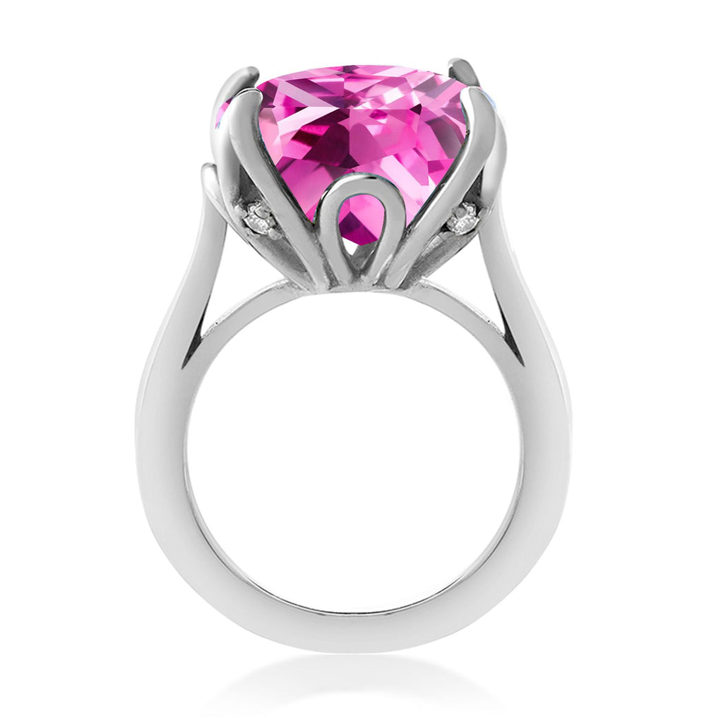 925 Sterling Silver Pink Created Sapphire Engagement Ring For Women (14.68 Cttw, 14MM Cushion, Available in Size 5,6,7,8,9)