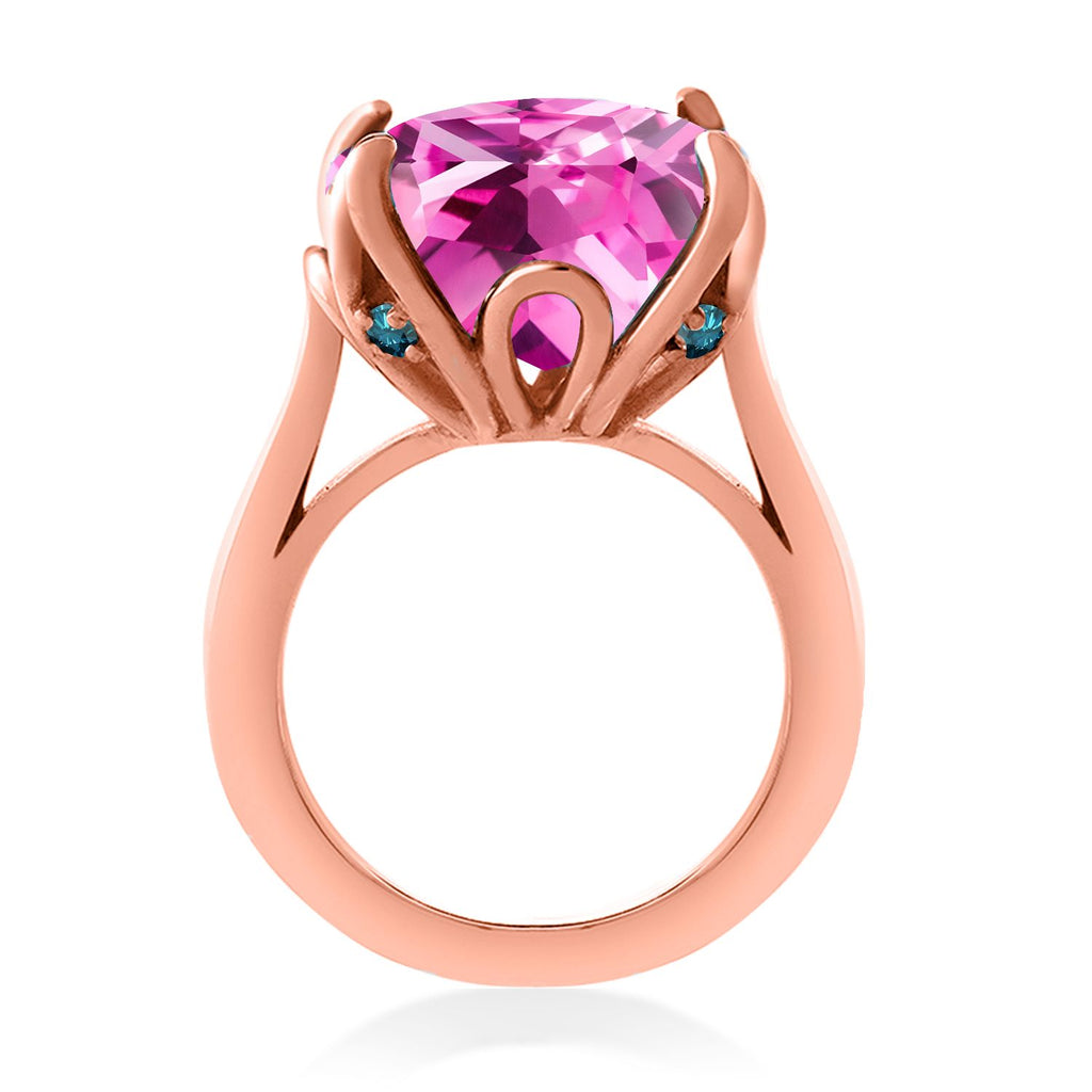 18K Rose Gold Plated Silver Pink Created Sapphire and Blue Diamond Engagement Ring For Women (14.62 Cttw, 14MM Cushion, Available in Size 5,6,7,8,9)
