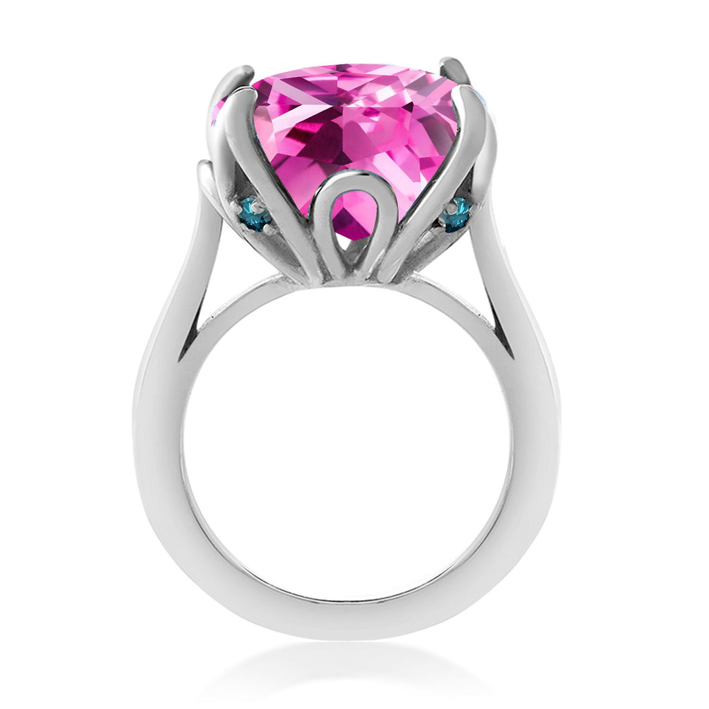 925 Sterling Silver Pink Created Sapphire and Blue Diamond Engagement Ring For Women (14.62 Cttw, 14MM Cushion, Available in Size 5,6,7,8,9)