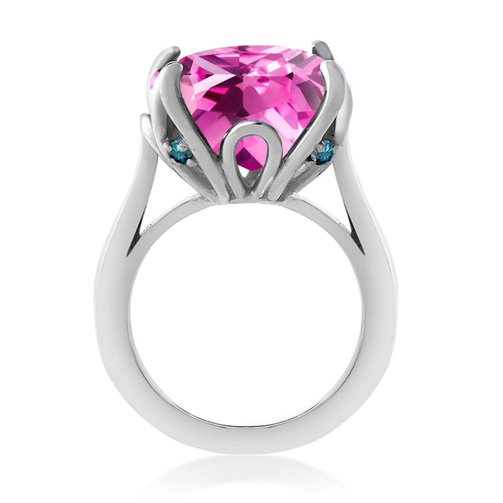 925 Sterling Silver Pink Created Sapphire and Blue Diamond Engagement Ring For Women (14.62 Cttw, 14MM Cushion, Available in Size 5,6,7,8,9)