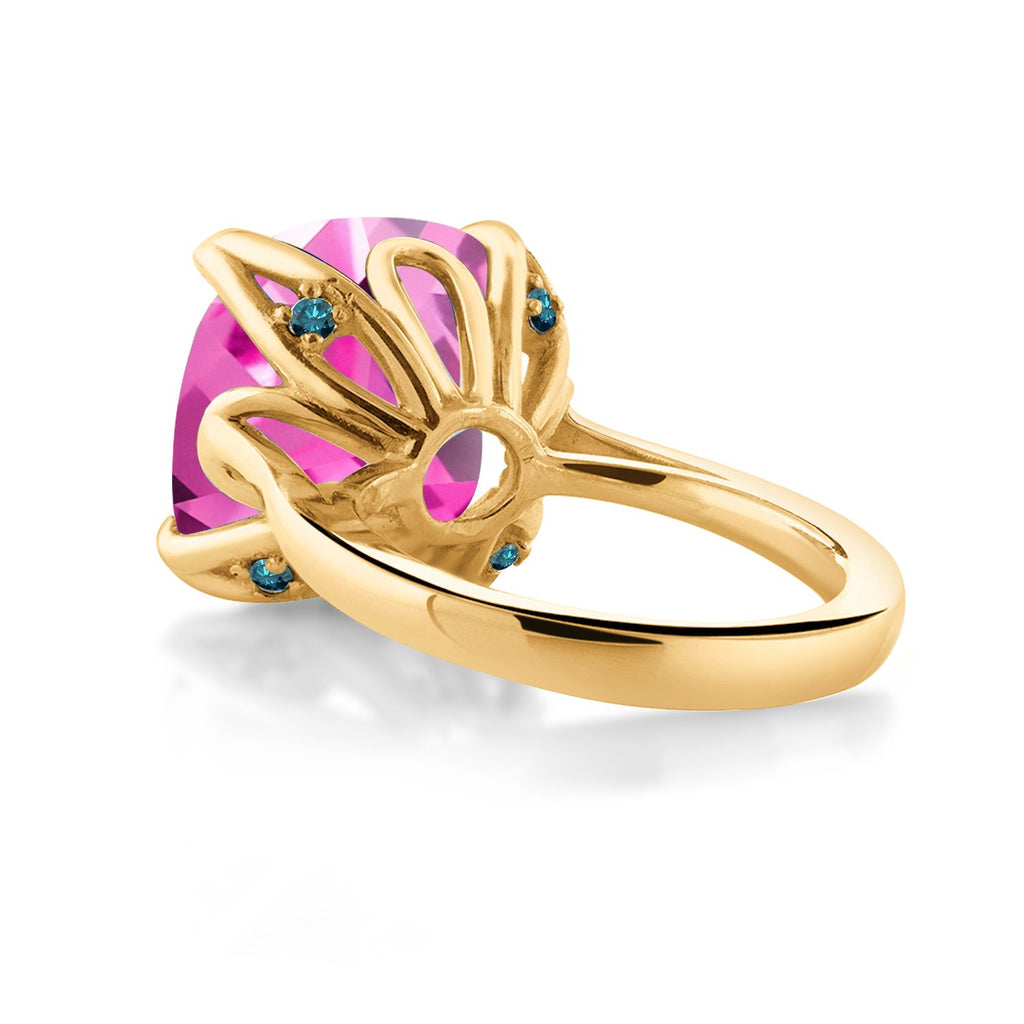 18K Yellow Gold Plated Silver Pink Created Sapphire and Blue Diamond Engagement Ring For Women (14.62 Cttw, 14MM Cushion, Available in Size 5,6,7,8,9)