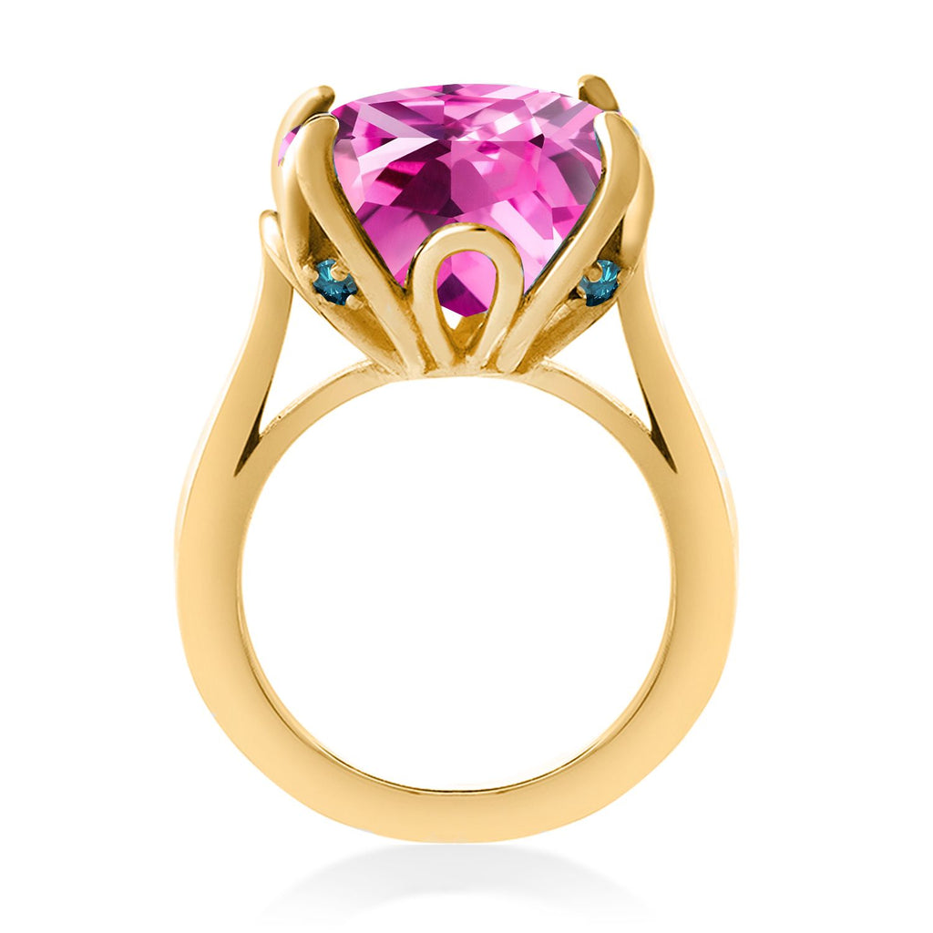 18K Yellow Gold Plated Silver Pink Created Sapphire and Blue Diamond Engagement Ring For Women (14.62 Cttw, 14MM Cushion, Available in Size 5,6,7,8,9)